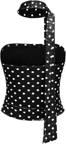 LLECDASEUI Femme À Pois Maille Crop Top avec écharpe Y2k sans Manches Tube Mignon Cintré froncé Débardeurs pour la fête des Clubs (Noir,S)