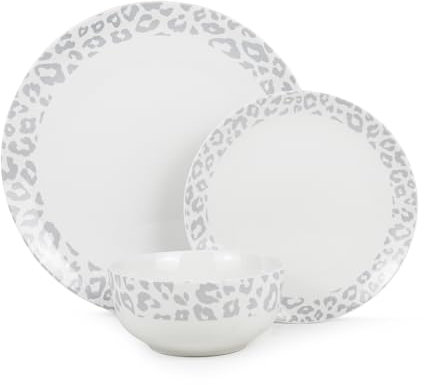 Lewis's 12 Piece Manila Plate Set/Leopard Print Dinner Sets / 4X Dinner Plates, 4X Side Plates, 4X Bowls/Microwave/Dishwasher Safe/High Grade Porcelain