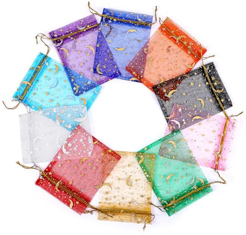 Gjinxi 100 st organza-väskor med måne stjärna 3,5 x 4,7 tum bröllop favör väskor smycken godispåse med dragsko liten nät presentpåse för bröllopsfest jul Eid Mubarak