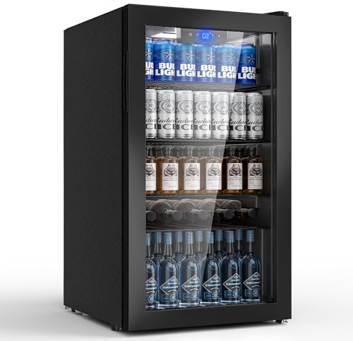 Airfish Getränkekühlschrank mit Glasfront 86L für 130 Dosen, Mini-Kühlschrank mit verstellbaren Regalen für Bier, Wein & Getränke, Ideal für Haushalt, Bar, Büro