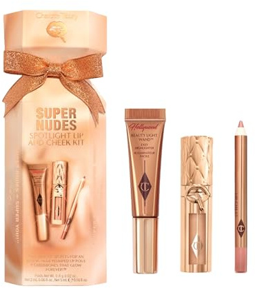 Charlotte Tilbury Supernudes Lip Cheek Kit, Mini Set mit Lip Cheat Liner, Light Wand und Plumpgasm, Nude-Beige, 3-teilig