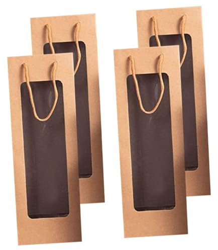 4 Stück-Pack Weintaschen aus Kraftpapier mit Sichtfenster für Weinflaschen | Praktische Tragegriffe, Geeignet für Festessen und Weihnachtsfeiern, Stilvolle Verpackung Flaschen, Einfache Geschenkübergabe