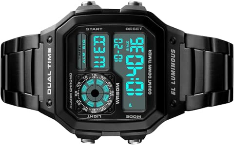 Aumotop Sport Edelstahl Herrenuhr Dual Time Countdown Chronograph 5ATM Wasserdicht für Training und Fitnessstudio