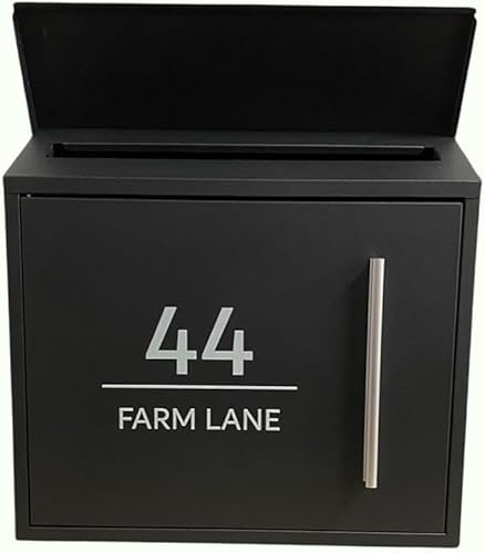 Personalised Modern Wall Mounted Post Box Secure Lockable Letterbox Custom Address UV Printed Weather Resistant Metal Mail Box for Home and Office (Black)