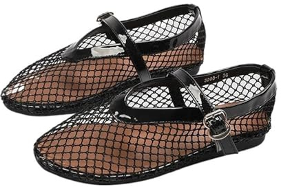 Balettskor damskor urholkade andningsbara nät platt botten sandaler sommar sval låg klack för semestrar och stränder (svart, storlek 39)