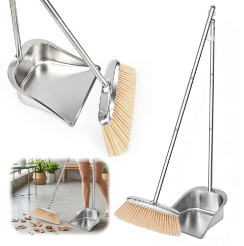 Piashow sopskyffel med långt handtag och kvastset, 118 cm rostfritt stål spade och justerbar kvast, högeffektiv rengöring stående kvast för hem, kontor, veranda, terrass