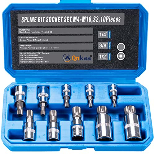 Qnkaa Spline Socket Bit Set 10pcs Square Triple Silver M4 - M18 | Cr-V Sockets and S2 Steel