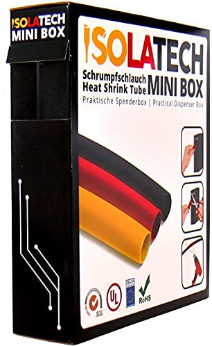ISOLATECH tubo termorestringente 2:1 Mini Box senza adesivo nero Ø1,2mm 15 metri per auto cavo elettrico USB accessori resistente ai raggi UV rotolo non etichettato in pratica scatola dispenser