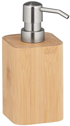 WENKO Distributeur de savon Bambusa, flacon-pompe rechargeable en bambou, distributeur à pompe pour la cuisine & la salle de bain, accessoire de salle de bain, 220ml, 9,3x16,5x7,2cm, nature