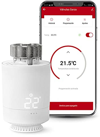 Garza - Cabezal Termostático Inteligente Zigbee para Válvula Termostática de Radiador. Regulador de Temperatura, Control Calefacción, Pantalla LED, Programable, Blanco, Control por app, Alexa y Google