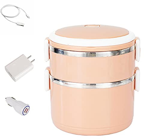 Lunch Box Riscaldante Elettrico, Usb Lunch Box Elettrico a Doppio Strato Scaldavivande Portatile Per Auto E Camion Contenitore Per Alimenti Rimovibile in Acciaio Inossidabile,Pink