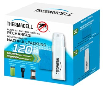 THERMACELL Recharge Anti Moustiques et Moustiques Tigres - 20m² - 120h | Compatible Diffuseurs, Nomades et Lanternes - 10 Cartouches Gaz + 30 Plaquettes - THRECHARG120
