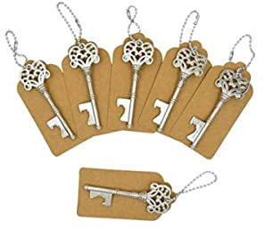 Lote de 12 Elegantes Abridores de Metal Vintage Llave Plateada con Tarjeta. Abrebotellas. Recuerdos. Adornos. Regalos Originales. Detalles de Bodas, Comuniones, Bautizos, Cumpleaños. DK