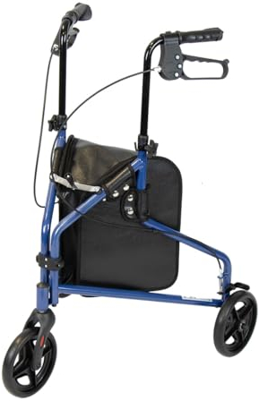NRS Healthcare 3 Wheel Steel Rollator Wheeled Walking Aid with Bag & Lockable Brakes, Folding & Height Adjustable – Blue