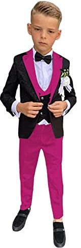 SAROULU Black Jacqurd Boy Wedding Suit Peaked Label Formal Party Celebrity Dress Ring Bearer Outfits Fuchsia 10