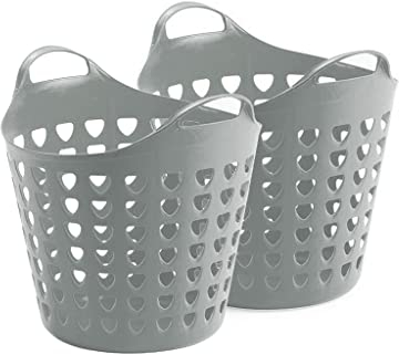 Kreher 2er Flexibler Aufbewahrungskorb für Spielzeug, Wäsche, u.v.m. in verschiedene Farbe mit Belüftungslöchern. 35 Liter Volumen, mit zwei großen Henkeln. Topp (Grau)