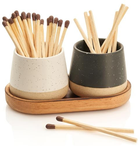 Dekorativer Streichholzhalter aus Keramik mit Holztablett – Set mit 2 schönen matten Haltern mit Klöppel sind ein Upgrade für jede Wohnkultur – verschönern Sie Ihr Wohnzimmer mit niedlichen Gläsern