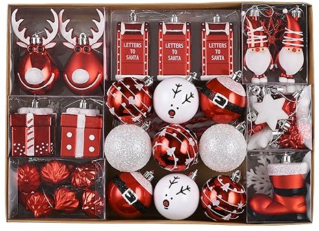 Victor's Workshop Weihnachtskugeln, 100 teiliges Christbaumkugeln Kunststoff Weihnachtskugel Set Weihnachtsdeko mit Aufhänger Geschenkpaket Weihnachtsbaumschmuck Rot Weiß Thema