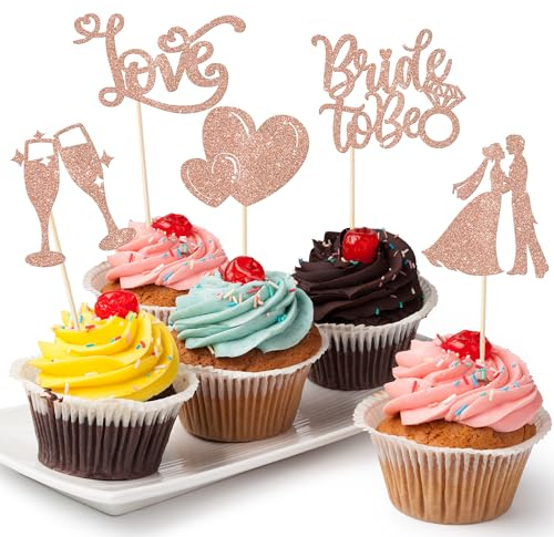 Xsstarmi 30 Stück Bride to Be Cupcake Topper mit Liebe Herz Ring Champagner Hochzeit Cupcake Picks Dekorationen Braut und Bräutigam Hochzeit Verlobung Brautdusche Party Dekorationen Roségold