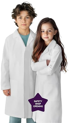 Duggy Dee Blouse Scientifique Enfant Unisexe Blanche, Garçon Fille, Tissu Résistant, Pressions Sécurisées, Multiples Poches, Blouse de Laboratoire pour École & Expériences, 6–14 Ans