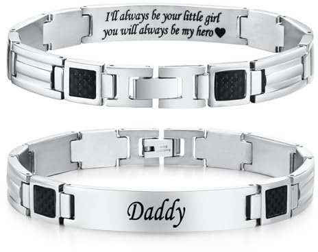 TempBeau Mens Bracelets Daddy Gifts : Personalised Dad Link Bracelet Silver 21cm Stainless Steel Engraved Wrist Chain Jewelry Gift in Father's Day Birthday Christmas (Little Girl)