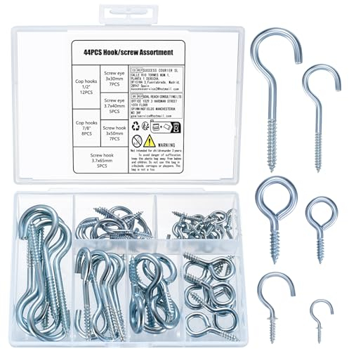 44 Pezzi Ganci a Vite per Legno: 12 Ganci Avvitabili Muro Metallo, 12 Viti per Occhielli a Vite per Legno, 20 Gancio Soffitto, Viti a Occhiello, Gancio a Vite per Tazze Legno Soffitto Parete