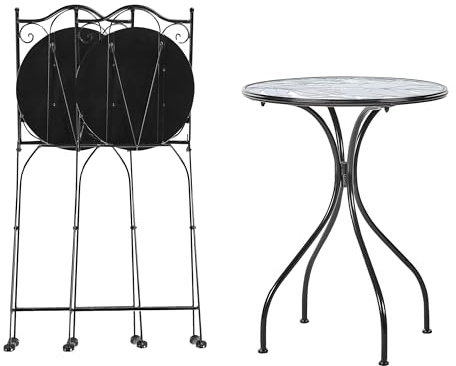 Ensemble de Balcon Vintage en Métal Table et Chaises Extérieur Cadre en Fer Motif Mosaïque Verte Noir Cozzana