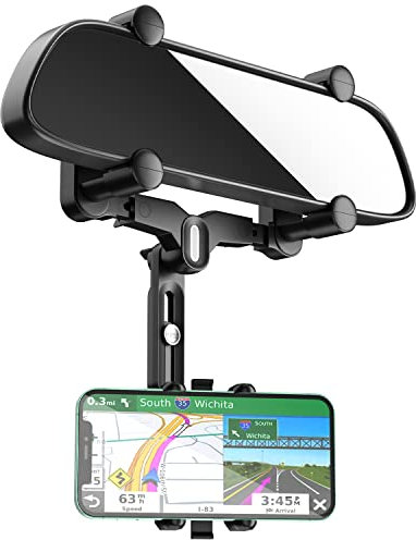 JOCOSA Phone Mount for Car, Rearview Mirror Phone Holder, Large Rear Mirrors Friendly, Upgraded 4 Clip More Stable, 360° Rotatable and Retractable for Car Compatible with Most Smartphone
