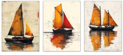 TZKRWRH Leinwand Bild, Segeln Segelboot Abstrakt XXL Wohnzimmer Deko Modern Wandbild Foto auf Leinwand Bild Schlafzimmer Room Decor Geschenke Frau-30x40cmx3 Ungerahmt (Orange 49)