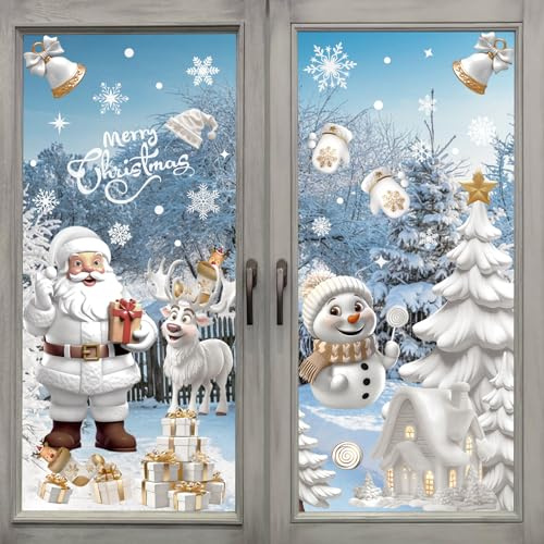 190 Fensterbilder Weihnachten Selbstklebend, Weiß Schneeflocken Weihnachtsdeko Fenster Wiederverwendbar, PVC Weihnachtsdeko innen Fensterdeko Kinder, Schneeflocken, Weihnachtsmann, Rentiere, Glocken