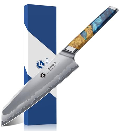 FINTISO Coltello da Chef 20 cm, Coltello Giapponese Ultra Affilato in Acciaio in Polvere S35VN, 7 Strati di Acciaio Laminato, Manico in Resina Celeste e Legno Stabilizzato+