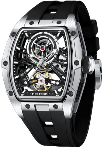 MF MINI FOCUS Einzigartige Herrenuhren, automatische mechanische Uhr, luxuriöse, hohle Tonneau-Uhren für Herren mit Edelstahlgehäuse und Silikonband (selbstaufziehendes Uhrwerk/5 ATM wasserdicht/super