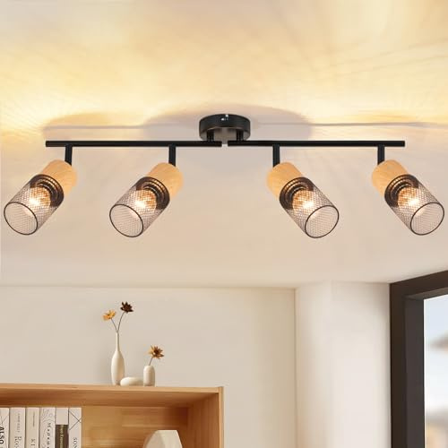 GBLY Deckenstrahler 4 Flammig Deckenleuchte Vintage Deckenlampe Schwarz | Holz Spots 350°Schwenkbar E14 Deckenspots Retro Wandstrahler für Wohnzimmer Schlafzimmer Küche Ohne Leuchtmittel