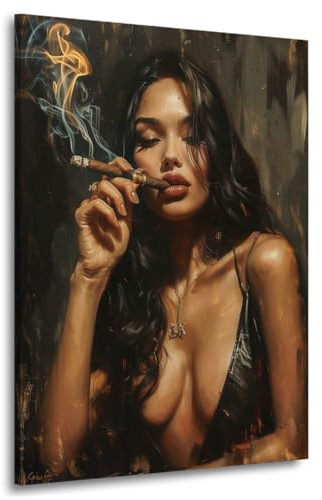 Kunstgestalten24 Leinwandbild Frau Zigarre Lifestyle Girl Smoking Gemälde Erotik Pop Art Bild Kunstdruck Wand Deko Leinwand Wandbild Street Art Kunst Modern
