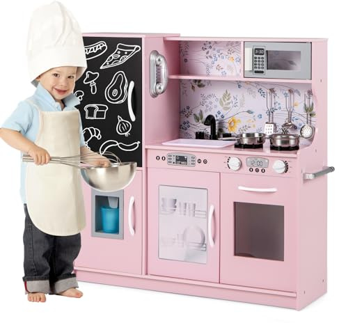 Maxmass Kids Play Kitchen, Wooden Children Pretend Kitchen with Ice Maker, Telephone, Chalkboard, Double Stoves, Dishwasher, Cookware Accessories, Toddler Boys Girls Cooking Toy Playset (Light Pink)