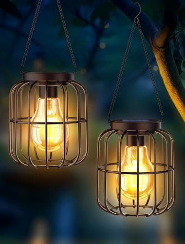 OUILA Lot de 2 lampes solaires d'extérieur suspendues étanches en métal pour extérieur, grandes ampoules LED pour jardin, balcon, terrasse, pelouse, cour