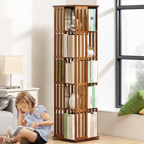 MDDKOP 360° Drehbares Bambus-Bücherregal, 5 - stufiges Drehbares Bücherregal, Bodenstehendes Drehbares Bücherregal, Aufbewahrungsregal, Bücherregal-Turm-Organizer für Wohnzimmer, Arbeitszimmer, Büro(B