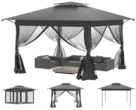 Trädgårdspaviljong Pop Up paviljong 4 x 4 m, vattentät UV-skydd stabil vikbar paviljong i 3 nivåer justerbar höjd trädgårdstält med 4 myggnät, sidodelar och dubbeltak, partytält inkl. bärväska