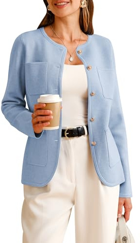 Arach&Cloz 2026 Fashion Sweater Blazers for Womens Long Sleeves Collarless Button Down Wool Cashmere Dressy Work Business Casual Clothes Spring Winter Trendy Cardigan Pockets Blue M