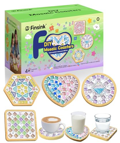 Finsink Mosaik bastelset kinder 4pcs mosaik untersetzer bastelset diy holz untersetzer Set Mosaiksteine zum basteln set Geburtstagsgeschenke für Kinder perfektes Muttertagsgeschenk basteln