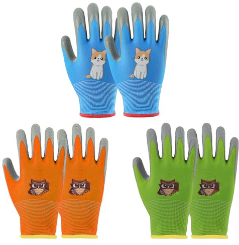 xolear 3 Pares Guantes de Jardinería para Niños, para 7-11 Años, Guantes Trabajo de Látex Antideslizantes, Cómodo y Transpirable Gloves de Seguridad, para Actividades de Jardín, al Aire Libre