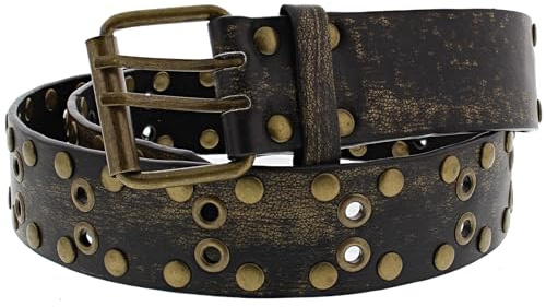 Zac's Alter Ego Black PU Double Row Studded Belt with Polished Metal Effect - Gold or Silver - Metal Eyelet Design with Antique Brass Buckle - Punk Rock Style