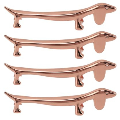 4 soportes para palillos chapados en aleación de zinc, soporte reutilizable para cuchara de cena, soporte seguro para palillos, tenedor, cuchara, diseño moderno de figuras de (Rose Gold Sausage Dog)