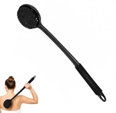 Mulbijeo Cepillo Ducha Negro con Mango Largo, Cepillo Espalda Doble Cara para Exfoliación y Masaje, Limpiador Corporal de Silicona con Espuma Rica, Apto para el Cuarto de Baño, para la Ducha, Negro