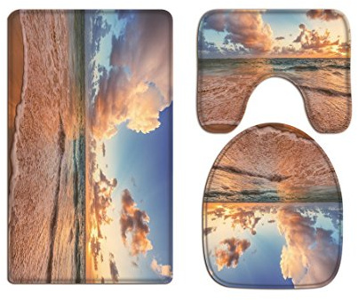 A.Monamour Badezimmer Badematte 3 Teilig Set Toilettenmatt Blauer Himmel Weiße Wolken Ozean Siehe Sand Strand Meer Flanell Saugfähig Badteppiche Badvorleger Badgarnitur WC Vorleger