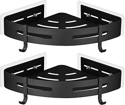 GRICOL Eckablage Duschkorb Duschregal ohne Bohren Duschablage Metall Mit 4 Haken Dusche Ablage Badregal mit Aufkleber Badezimmerregal für Bad und Küche 2 Etagen Schwarz