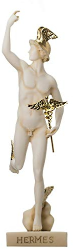 Hermes Mercury Gott Zeus Sohn Römische Statue Alabaster Goldton 23,5 cm