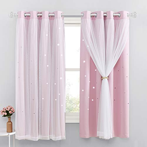 NICETOWN Vorhang Kinderzimmer Mädchen Gardine 2er Set Dekoration Curtains Doppellagige Verdunklungsvorhänge mit Hohlen Sternen und Voile H 160 x B 132 cm, Hellpink