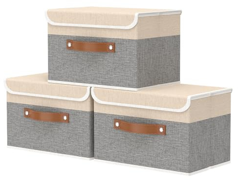 OUTBROS Aufbewahrungsbox Stoff, Aufbewahrung 25 cm Breit, Beige/Grau,3 Set | Faltbarer Aufbewahrungskorb, Ordnungsbox mit Griff, Schrank Organizer Kleiderschrank, für Kleidung