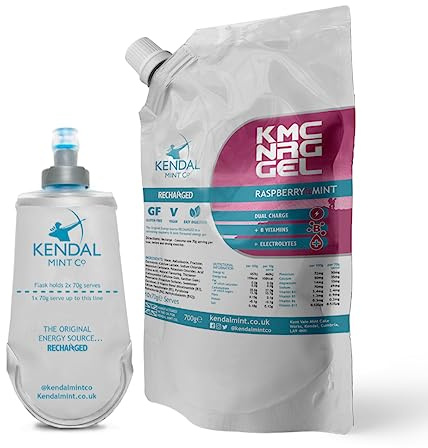 KMC NRG Gel Energy Gel & Refillable 150ml Flask Refreshing Raspbery & Mint, Vegan, Gluten Free (10x70g Serves & 150ml Refillable Flask)